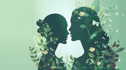 Abstract green background illustration of silhouette of girls for the holiday of International Women's Day and Mother's Day. Composition of flowers and a girl. - obrazy, fototapety, plakaty