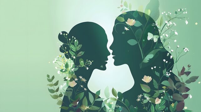 Abstract Green Background Illustration Of Silhouette Of Girls For The Holiday Of International Women's Day And Mother's Day. Composition Of Flowers And A Girl.