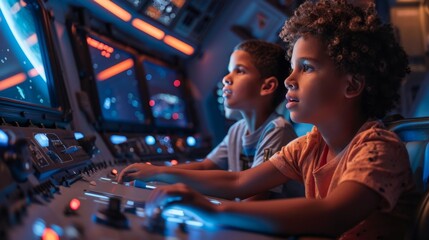 Fototapeta na wymiar Children Pretending to Pilot a Spaceship.