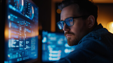Side view of concentrated man in eyeglasses working on computer. Cyber security concept.