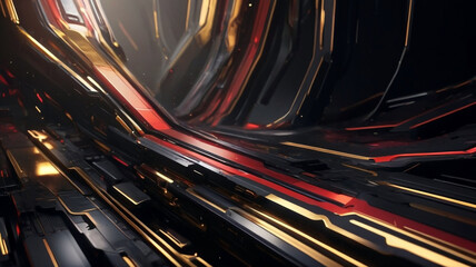 Futuristic sci fi background with black, red, and gold colors