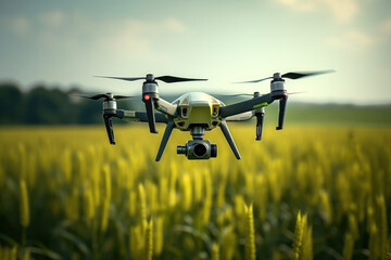 Drone hovering over a lush green cornfield, capturing agriculture from a new perspective. AI Generative.