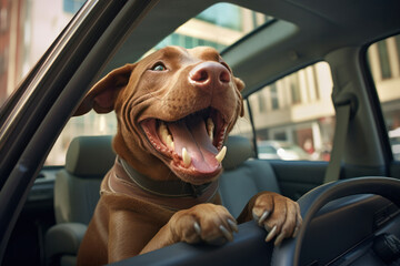 Joyful dog hanging out of a car window, feeling the wind during a fun ride. AI Generative.