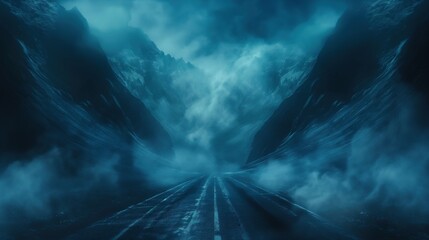 Mystical Noir Dark Street, Asphalt Abstract Dark Blue Background, Empty Dark Mountain Range Scene, with Smoke Mist Cold White Float Up for Display Products