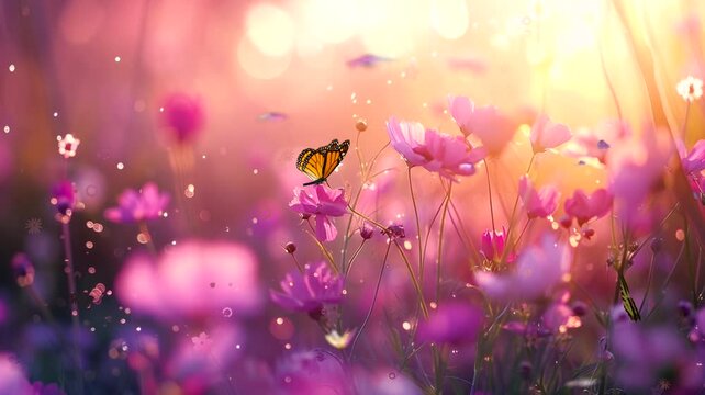 Scene of various kinds of flowers in the garden with a blurry background, animated virtual repeating seamless 4k