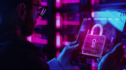 Neon-lit cyber security concept with encrypted data protection and digital network defense - AI Generative.