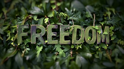 Green Freedom concept creative horizontal art poster. Photorealistic textured word Freedom on artistic background. Ai Generated Liberty and Independence Horizontal Illustration..