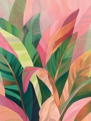 Pink and Green Leaves on Pink Background Painting. Printable Wall Art.