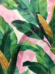 Green Leaves on Pink Background Painting. Printable Wall Art.