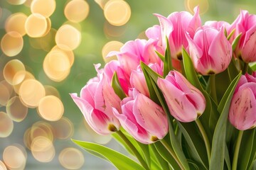 Obraz premium Bouquet of pink tulips with lights at the background. Holiday card. Happy Mother's Day. AI Generated 