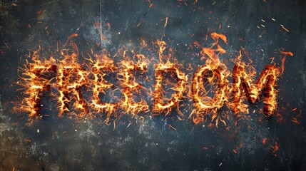 Inferno Freedom concept creative horizontal art poster. Photorealistic textured word Freedom on artistic background. Ai Generated Liberty and Independence Horizontal Illustration..