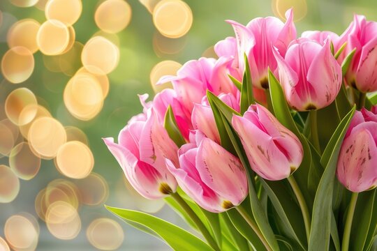 Bouquet of pink tulips with lights at the background. Holiday card. Happy Mother's Day. AI Generated 