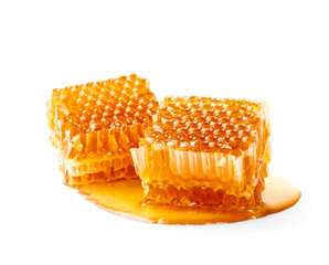 Honeycombs and honey drip on desk, Organic product from the nature for healthy with traditional style, PNG transparency