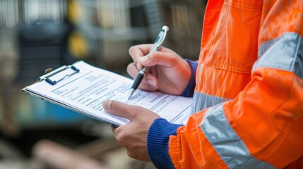 Worker with Clipboard Conducting Safety Audit. A focused worker in a reflective safety vest holding a clipboard is conducting a thorough safety audit or inspection in an industrial setting.