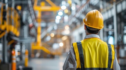 Engineer Overseeing Industrial Factory Floor. A rear view of an engineer with a yellow hard hat looking over the busy operations of an industrial factory floor.