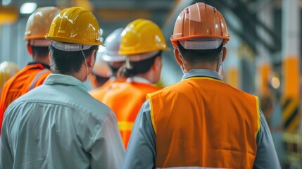 Team of Engineers in Industrial Facility. A group of engineers in hard hats engage in a project discussion in a busy industrial environment, showcasing teamwork and expertise.
