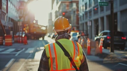 Construction Worker Walking on Urban Street. Back view of a construction worker walking towards a work site on an urban street, with safety cones and morning sunlight in the background.