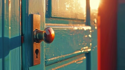 Vintage Door Knob on a Sunny Day. The warm sunlight catches a vintage, polished door knob on a textured turquoise door, hinting at the welcome of a cozy home.