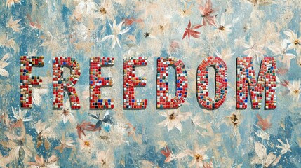 Mosaic Tile Freedom concept creative horizontal art poster. Photorealistic textured word Freedom on artistic background. Ai Generated Liberty and Independence Horizontal Illustration..