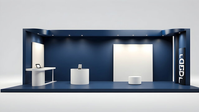 3d render of minimalist exhibition stand for mockup and corporate identity. Empty booth design. Retail booth elements in exhibition hall. Booth design trade show