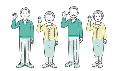 片手を上げる高齢者男女