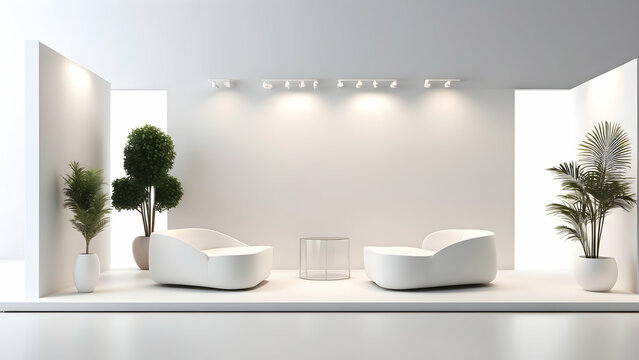 3d rendering of minimalist exhibition booth on white background