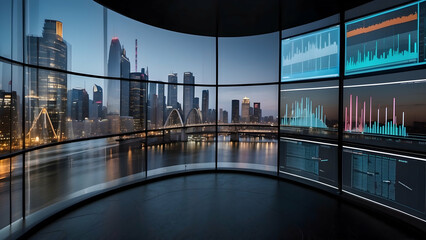 screen displays trading charts on buildings background