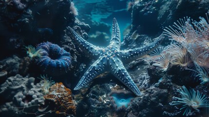 A vibrant blue starfish rests peacefully on a colorful coral reef, its five arms outstretched like...