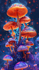 Obraz na płótnie Canvas Mushrooms Illuminated in Vibrant Neon Colors, Set Against a Dark Background.