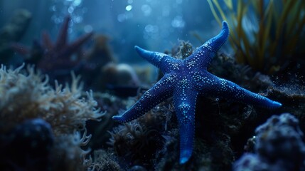 A vibrant blue starfish rests peacefully on a colorful coral reef, its five arms outstretched like...