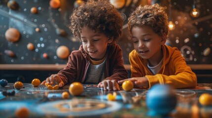 Children Engrossed in Playing with Space Rover Toy. - obrazy, fototapety, plakaty