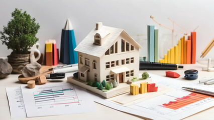 miniature building on white paper with financial charts