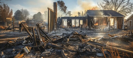 A fire has completely destroyed a house in a rural area, leaving behind charred remains and debris. The devastation is evident as the flames consumed the structure, leaving nothing but ashes in its