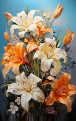 different colored flowers vase table soft orange cyan highlights lilies blossoming rhythm defense paper