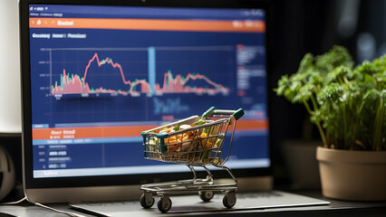 miniature trolley filled with groceries against screen showing financial charts (17).jpg, miniature trolley filled with groceries against screen showing financial charts - obrazy, fototapety, plakaty