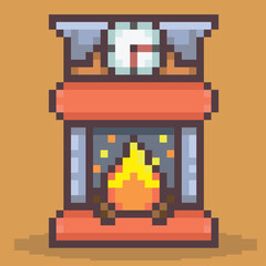 Fireplace pixel art, brick fireplace vector, pixelart vector, editable fireplace vector