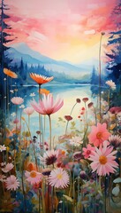 Obraz na płótnie Canvas lake flowers sunset background border daisies furry stands easel gentle dawn pink light bar defense wall oil