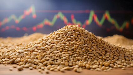 a pile of wheat grains with screen background displaying financial charts - obrazy, fototapety, plakaty