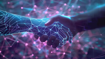 Digital smart contract handshake with glowing network connections. Online agreements and cyber partnerships.