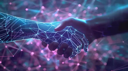 Foto op Canvas Digital smart contract handshake with glowing network connections. Online agreements and cyber partnerships. © Bnz