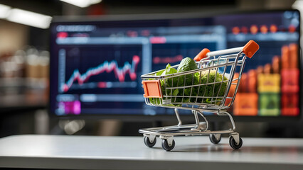 A miniature shopping cart filled with groceries with financial charts background