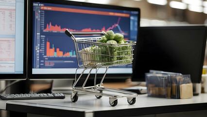 miniature trolley filled with groceries against screen showing financial charts (17).jpg, miniature trolley filled with groceries against screen showing financial charts