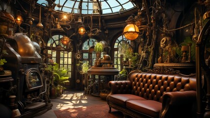 Fototapeta premium Interior design of a steampunk home, wallpaper format.