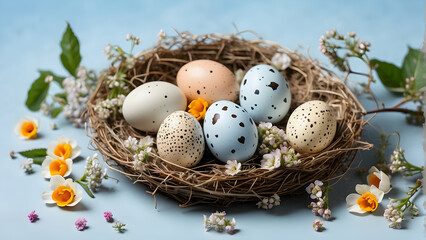 Obraz na płótnie Canvas flat lay a bunch of colorful eggs are in nest with ice blue background