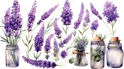 A serene collection of lavender-themed objects, delicately rendered in a watercolor style, evoking tranquility and grace, without any branding.