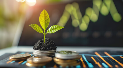 Seedling are growing on stack of coins and morning sun light. Saving money and economic growth, Financial Growth Investment, trade, save and make a profit with interest, Business and finance concept. - obrazy, fototapety, plakaty
