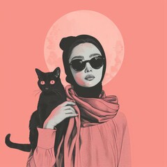 Woman Holding Cat on Shoulder. Printable Wall Art.