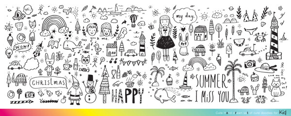 Vector illustration of Doodle cute for kid, Hand drawn set of cute doodles for decoration,Funny Doodle Hand Drawn, Summer, Doodle set of objects from a child's life,Cute animal