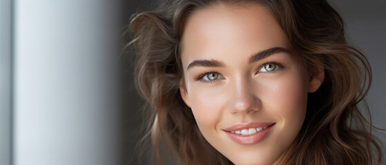 Close-up of smiling face of Canadian female model with smooth and flawless skin, bright smile and sparkling eyes with clean background emotional lighting created with Generative AI Technology