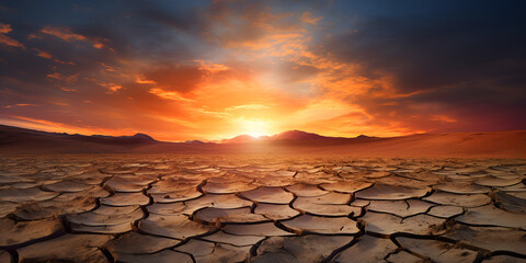 Dry cracked earth contrasting with a dramatic sky filled with billowing clouds arid land and sunset sky background - obrazy, fototapety, plakaty